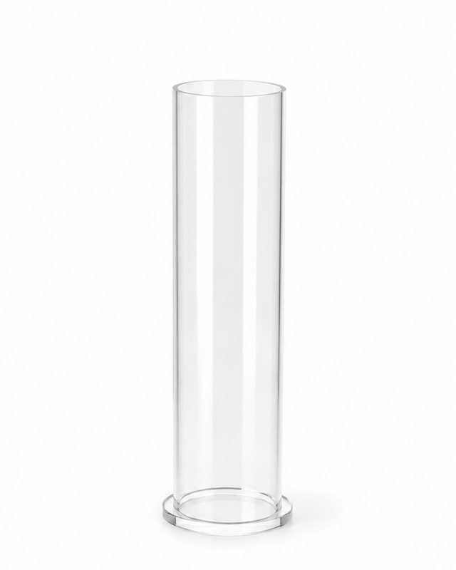 Clear cylindrical glass vase on a white background
